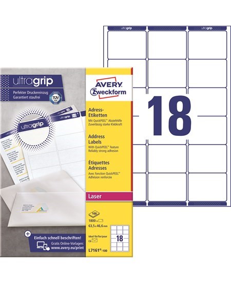 Avery L7161-100 Adresseetiketter 63,5x46,6mm QP+UG (1800)