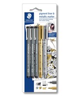 Fineliner pigment liner sort + sølv og guld (3+2)